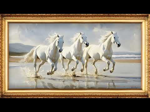 Majestic White Horses Running by the Beach | Art Framed Screensaver | Art for Your TV | 4K