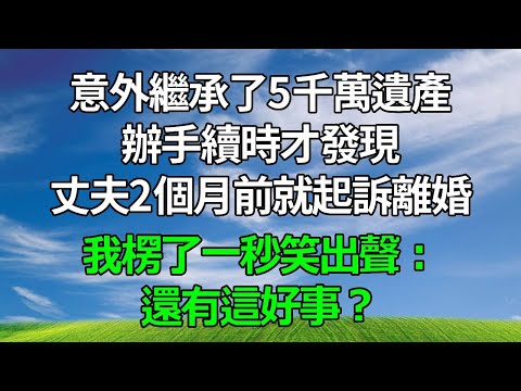 意外繼承了5千萬遺產,辦手續時才發現,丈夫2個月前就起訴離婚,我楞了一秒笑出聲:還有這好事?#生活經驗 #人生感悟 #故事分享 #婆媳故事 #為人處世