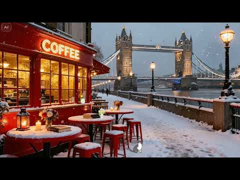 โจ Relaxing Winter Smooth Jazz Piano | Snowy Street Cafรฉ Ambience & Warm Firelight Atmosphere