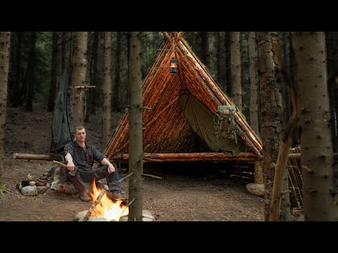 How to Alone Build BEST Bushcraft A-Frame SHELTER Ever - Amazing Forest House - ASMR