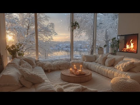 Tranquil Winter Cabin Living Room ❄️Relaxing Piano, Fireplace & Snowfall for Work, Sleep