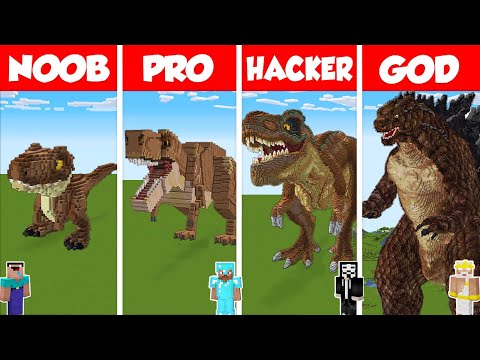 Minecraft T-REX vs GODZILLA STATUE HOUSE BUILD CHALLENGE - NOOB vs PRO vs HACKER vs GOD / Animation