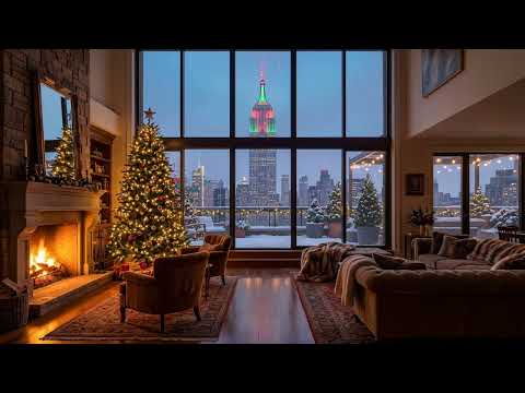 Cozy New York Penthouse at Christmas Night | Snowy Empire State, Fireplace Sounds & Relaxing vibes
