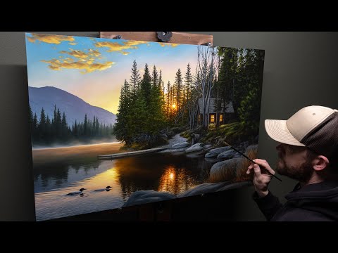 Landscape Oil Painting - Calming Waters, Sunrise, Cabin, Loons