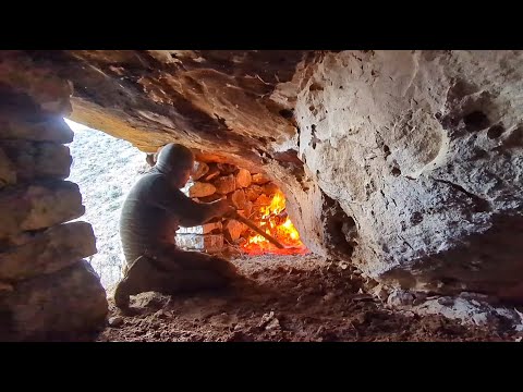 DIY in Heavy RAIN in a STONE SHELTER With FIREPLACE | Bushcraft Survival Camping, Outdoor Cooking