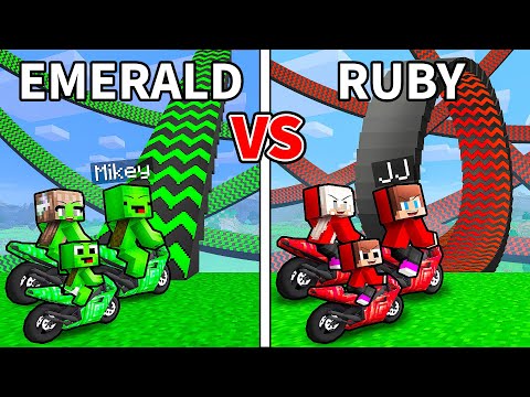 JJ and Mikey: RUBY vs EMERALD Trampoline Family Battle in Minecraft - Maizen
