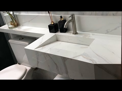 “Marble“ bathroom sink with porcelain tile with all sizes and steps