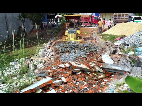 Wonderful Activity New Project!! Bulldozer Pushing Soil Filling in Cracked Old House & 5ton Truck.