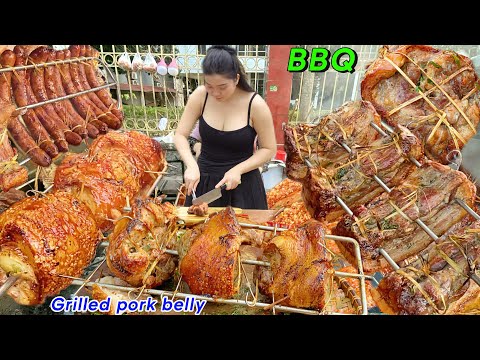 BBQ best street food, grilled pork belly, Grilled pork leg, The whole city comes to buy delicious.
