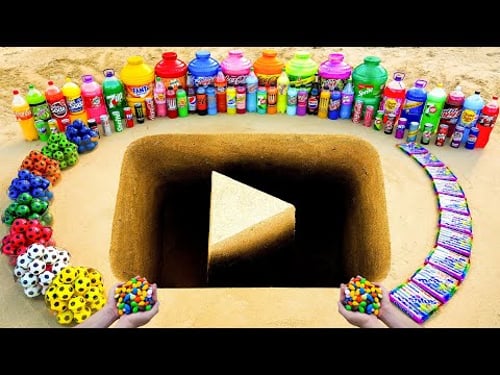 Experiment: Big Coca Cola, Fanta, Mtn Dew, Schweppes, Mirinda, Balls and Mentos in Youtube pit!
