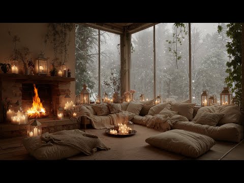 Snowy Winter Cabin Night ❄️ Relaxing Piano,Falling Snow & Warm Fireplace for Sleep, Study