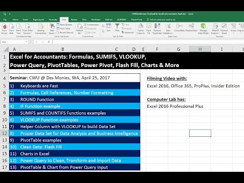 Excel for Accountants: PivotTables, Power Query, IF, SUMIFS, VLOOKUP, Flash Fill, Charts…CWU Seminar
