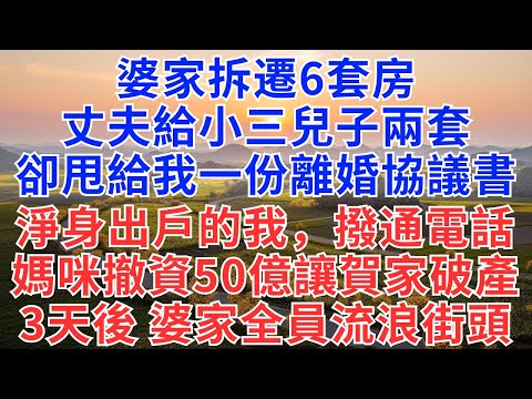 婆家拆遷6套房,丈夫給小三兒子兩套,卻甩給我一份離婚協議書淨身出戶的我,撥通電話,媽咪,撤資50億讓賀家破產,3天後,婆家全員流浪街頭!#為人處世#小說#情感#生活經驗#情感故事#净身出戶