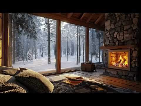 2 Hours Cozy Winter Fireplace βοΈ Relaxing Jazz Ambience | Snowy Forest View