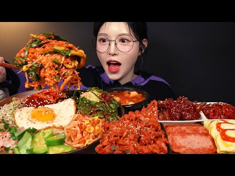 Bibimbap, Spicy Pork, Grilled Spam & Soft Tofu Stew Homemade Meal Mukbang ASMR