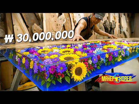 The process of making a 30 million won 'resin table' with real flowers.