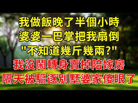我做飯晚了半個小時,婆婆一巴掌把我扇倒"不知道幾斤幾兩?"我沒鬧轉身賣掉陪嫁房,隔天,被驅逐別墅的婆家傻眼了!#人生感悟 #故事分享 #故事頻道 #正能量 #情感