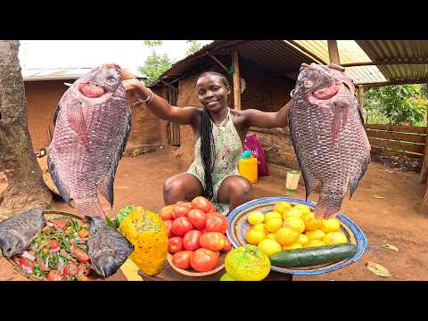 No Oil | 100 % Natural Baking Whole Fish With Mad in the Rain 🌧🌧 Village life Cooking