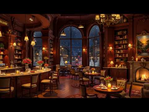 Cozy Winter Coffee Shop Ambience ☕ Smooth Jazz Piano Music with Fireplace Crackling Sounds for Study