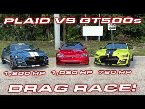 1,200 HP GT500 vs PLAID * Tesla Plaid Model S vs Ford Mustang Shelby GT500s 1/4 Mile Drag Race