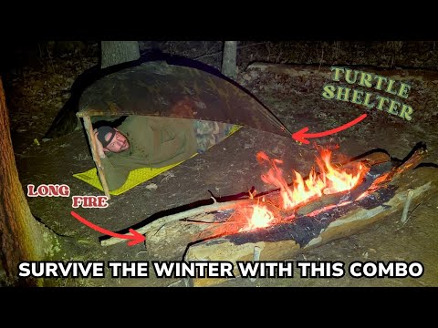 Solo Overnight Surviving the Winter with a Turtle Shelter and Long Fire