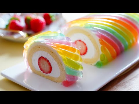 Rainbow Jelly Roll Cake 🌈 / Strawberry Roll Cake / Amazing cake / Cup measure