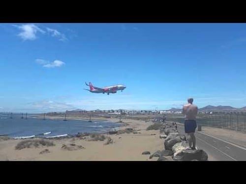 Plane landing at Lanzarote in slow motion.