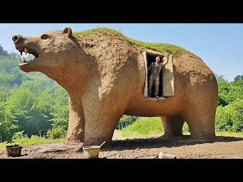 Man builds bear-shaped shelter in 30 days | From beginning to end @ramizinthewild