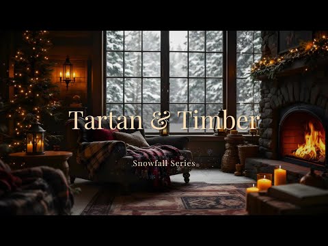 Tartan & Timber Retreat: Cozy Winter Lodge Fireplace & Snowfall