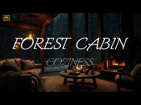 Wooden house in the forest with cozy rain and crackling fire 🌧️ 4K ULTRA 60fps
