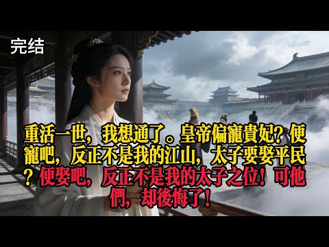 重活一世,我徹底想通了。皇帝偏寵貴妃?便寵吧,反正不是我的江山;太子要娶平民?便娶吧,反正不是我的太子之位!可到最後,他們個個都後悔了!#原創 #有聲小說 #古言 #大女主 #逆襲 #打臉 #聽書