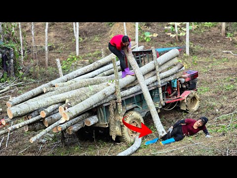 Agricultural vehicle, log unexpectedly falls, nearly breaking the girl's leg.#wood #truck #farm