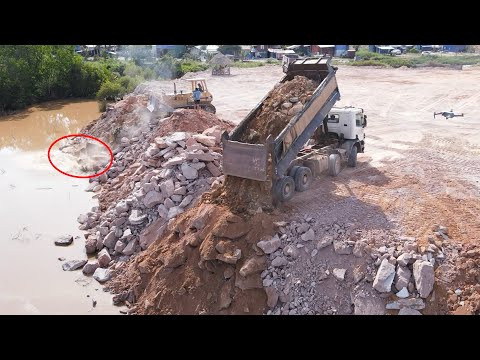 Wow Perfectly Skillfully Komatsu Dozers Push Stone To Landfilling Huge Area With Dump Trucks Deliver