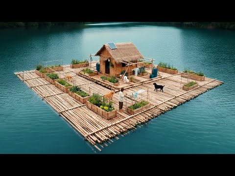 The girl left civilization to build a self-sufficient bamboo raft house floating on the lake