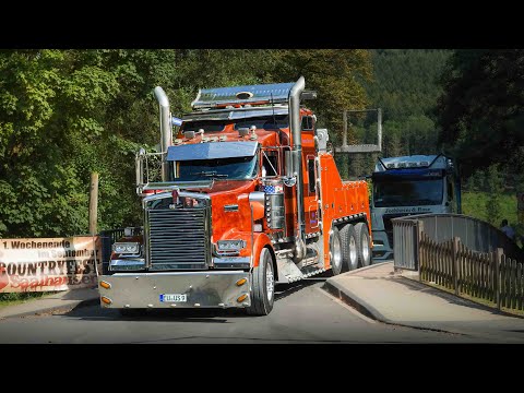 American custom semi Trucks on smal roads in Europe with open pipes sound