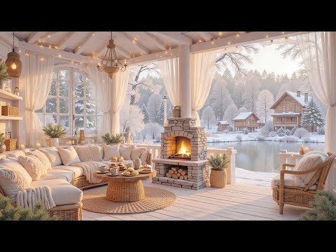 Cozy Winter Porch Ambience with Relaxing Piano Music ❄️Crackling Fireplace & Snowfall for Great Mood