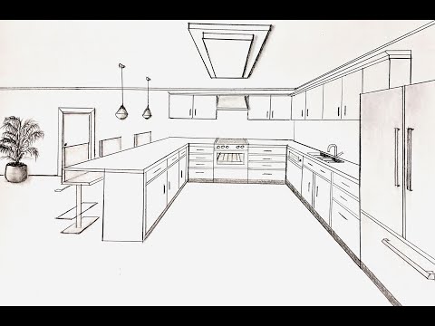 How to draw a kitchen in one point perspective