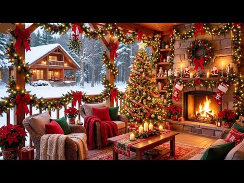 Cozy Christmas Porch Ambience ❄️ Relaxing Fireplace Sounds, Christmas Music & Gentle Snowfall 🎅