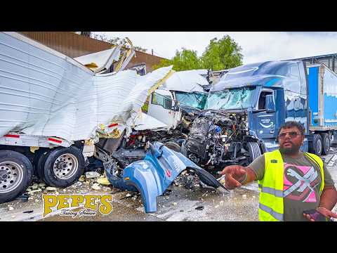 3 Semi-Trucks Collide With Car on Freeway