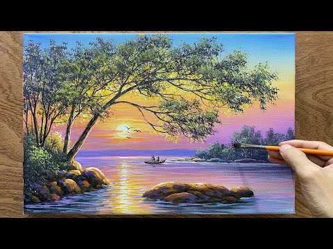 How to draw a sunset by the lake / Learn landscape painting.