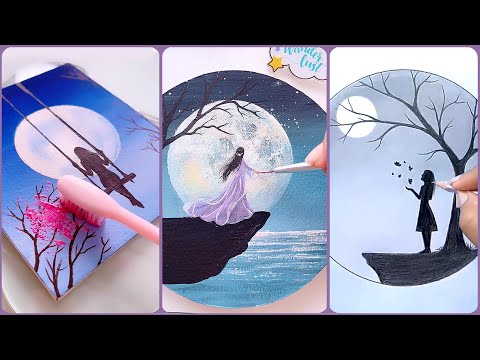 Easy 11 scenery painting ideas || Alone Girl in the beautiful moonlit night || Best ART HACKS