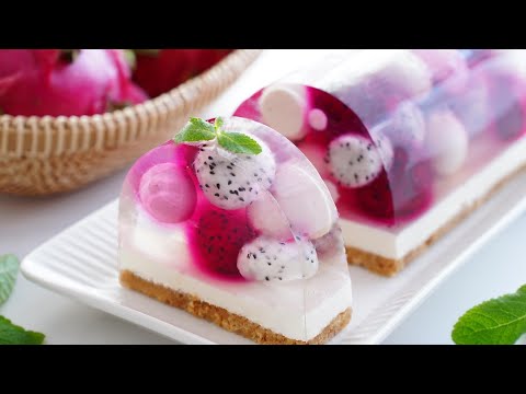 No-Oven / No-Egg / Beautiful Fruit Jelly Cheesecake Recipe / Dragon Fruit (Pitaya) / Banana Cake