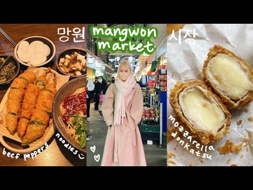 mangwon market korean street food 🇰🇷 donkatsu, ice cream marshmallow, chicken gangjeong, beef pepper