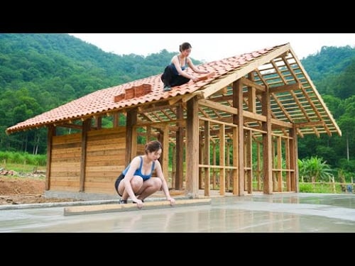 Amazing Skill! Girls Build a Wooden House Alone in Nature