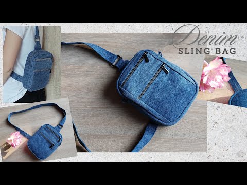 Sling Crossbody Bag with zipper and 5 pockets out of old jeans. DIY Denim Fanny Pack. Hip Bag sewing