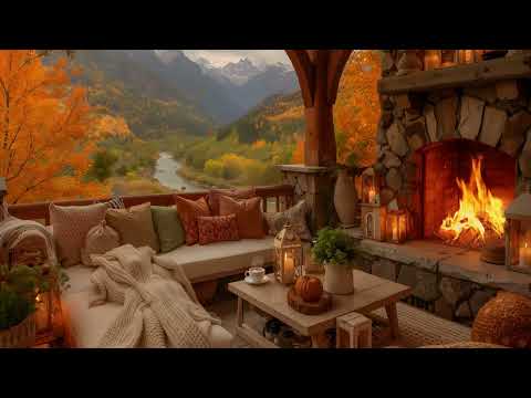 Peaceful Autumn Porch 🍂 Cozy Ambience with Soft Piano & Crackling Fireplace for Relax, Study