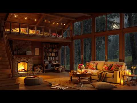 Soft Jazz Music in Cozy Cabin Ambience - Fireplace and Rain Sounds for Stress Relief