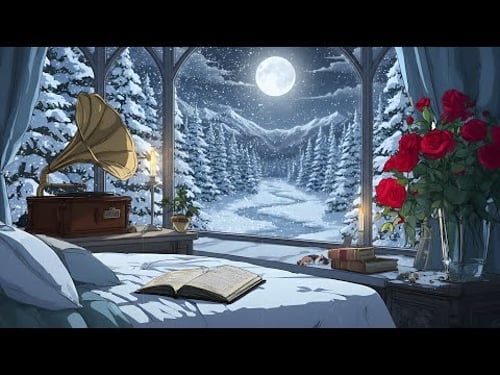Relaxing Snowfall Outside Window in a Cozy Apartment with Vintage Oldies Playing in Another Room
