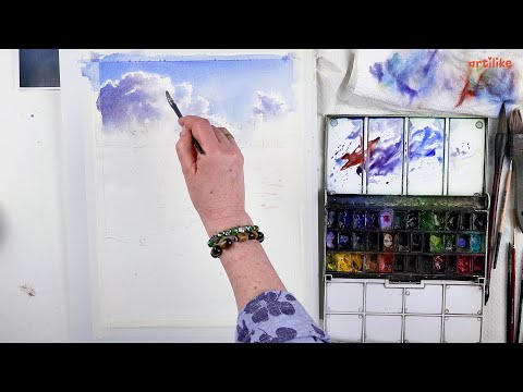 КАК БЫСТРО НАРИСОВАТЬ РЕАЛИСТИЧНЫЕ ОБЛАКА И НЕБО АКВАРЕЛЬЮ в пейзаже! Акварель для начинающих.