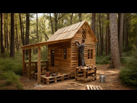 Building a House and Garage from Old Pallets | Alone in the Woods